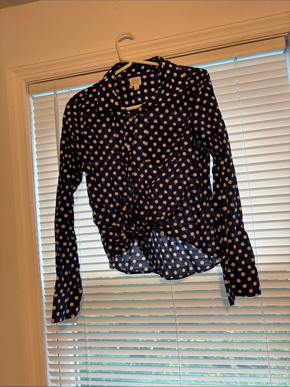J. Crew Navy Polka Dot Button-Front Tie Shirt